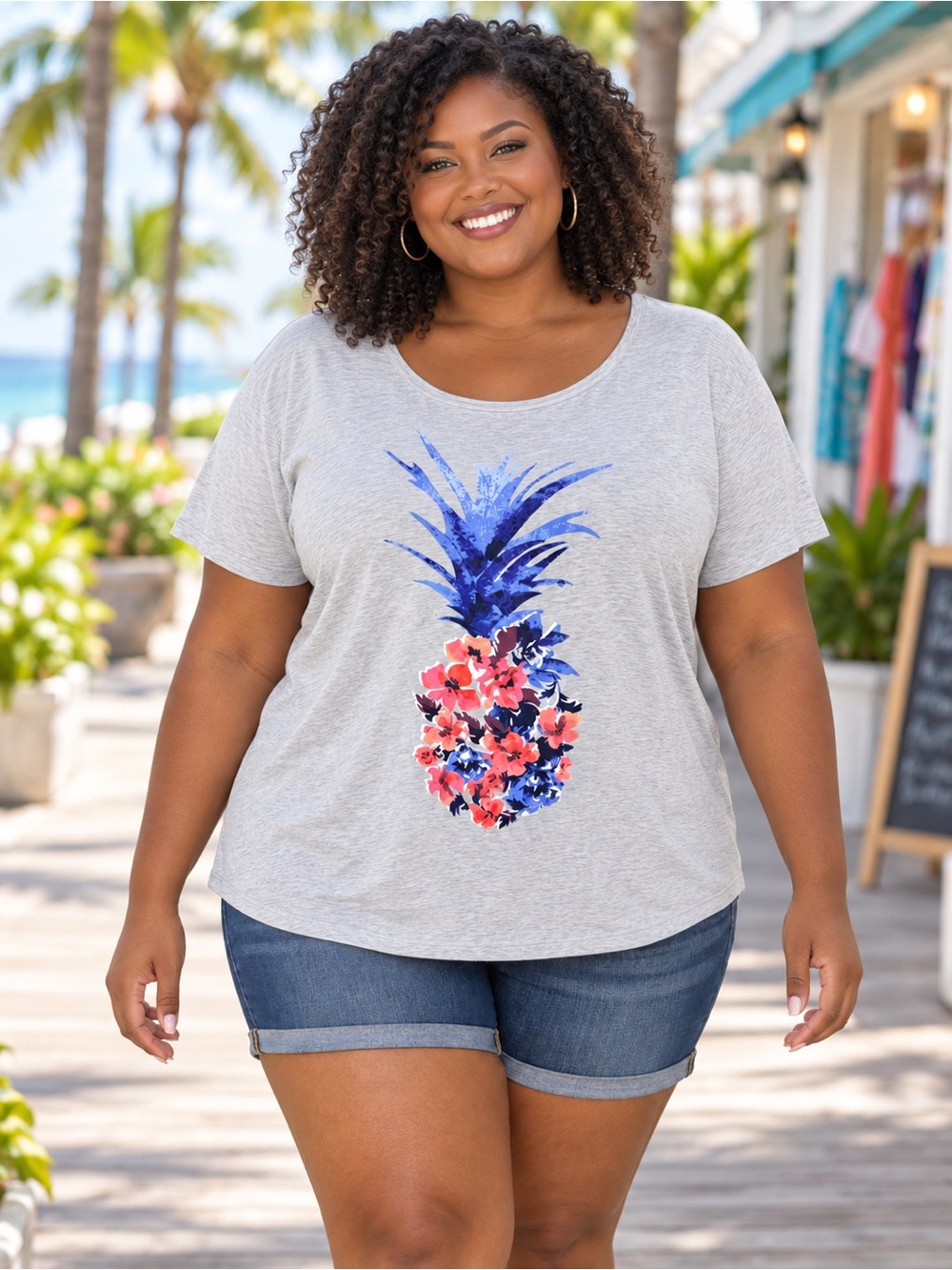 EVRI Gray Short Sleeve Tee with Blue and Pink Pineapple Graphic